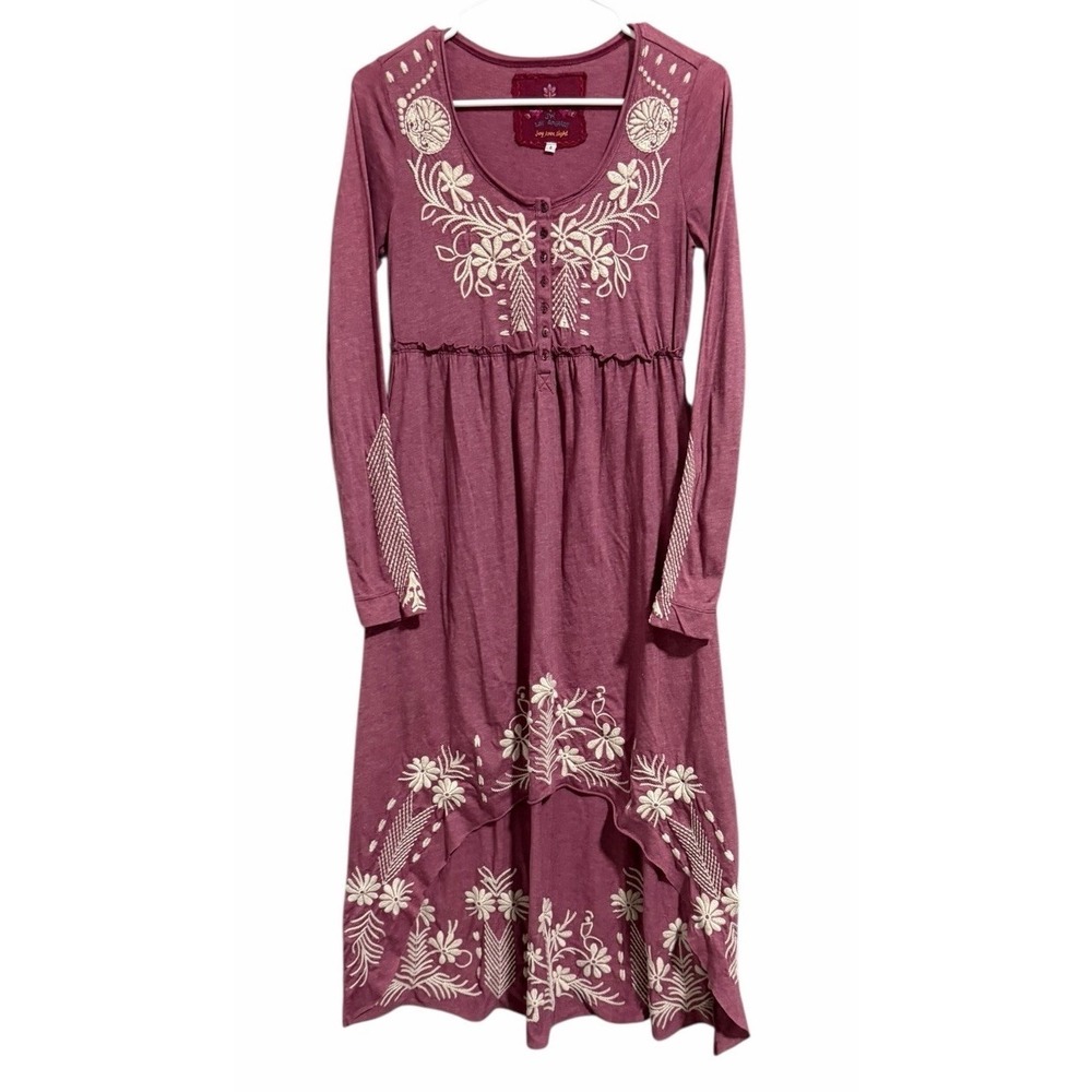 Johnny Was JWLA Embroidered High Low Long Sleeve Dress Pink Women's Size Small